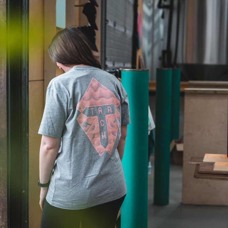 Track Logo & Shield T-Shirt – Athletic Heather & Coral