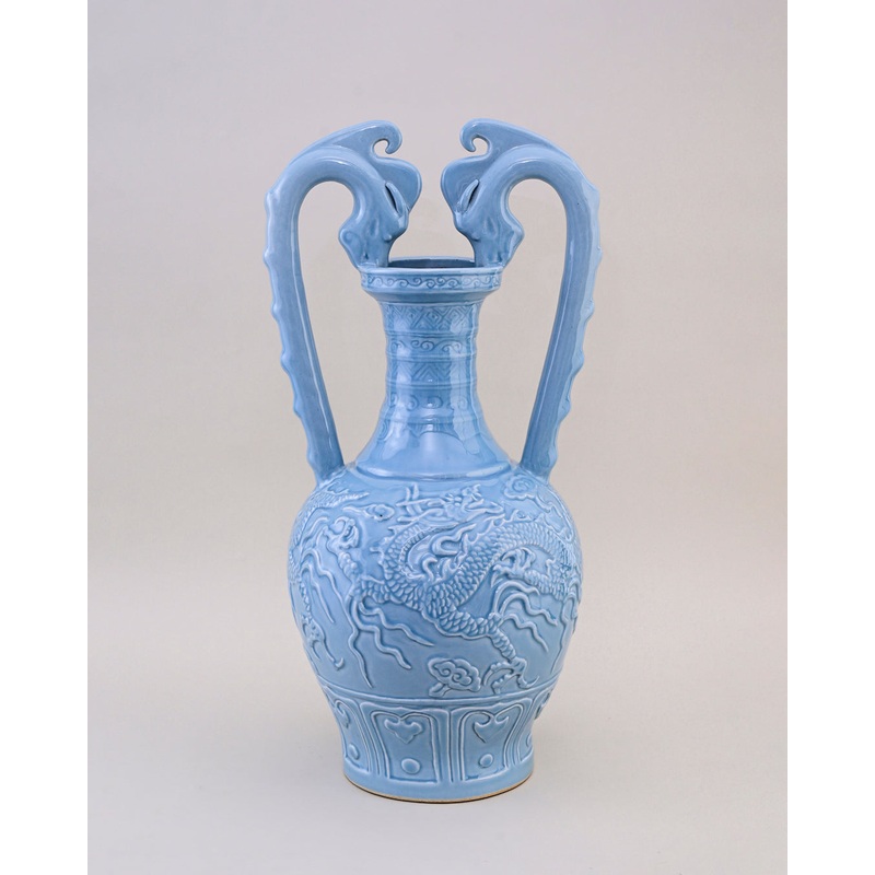 Celestial Blue Celadon Dragon Handle Vase