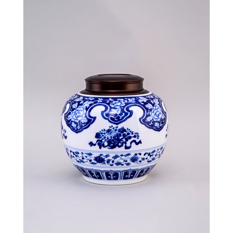 Floral Motifs Blue & White Ceramic Storage Jar