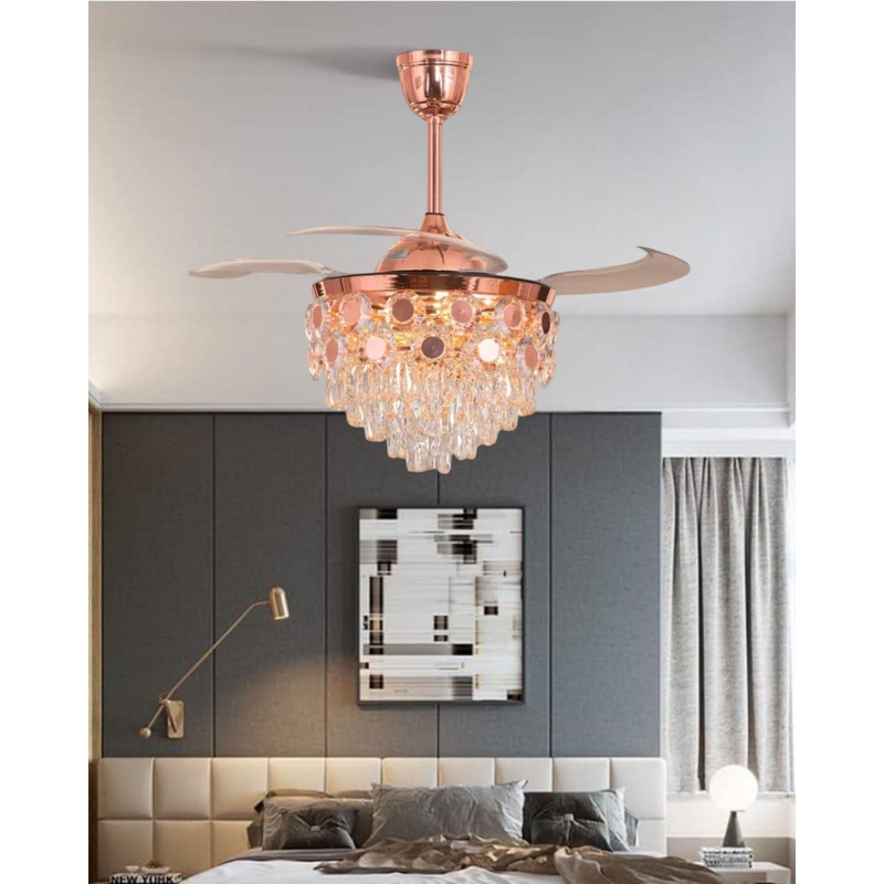 Luxury Rose Gold Retractable Ceiling Fan + Chandelier Light (with Remote Control)
