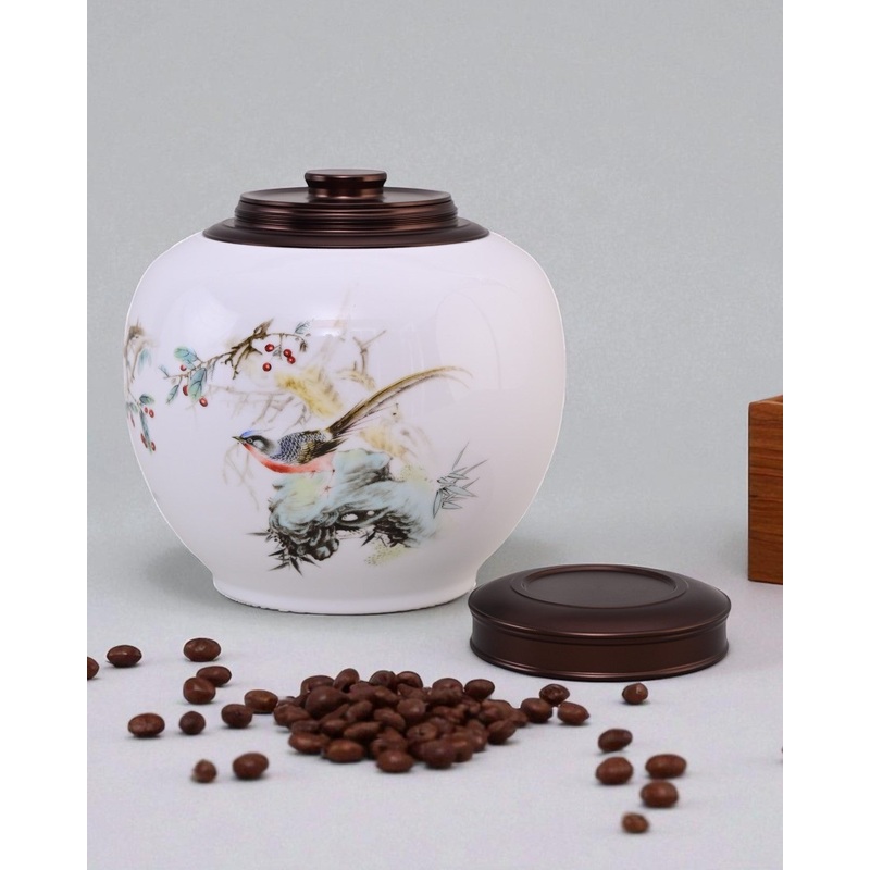 Snow Finch Hand Painted Porcelain Storage Jar