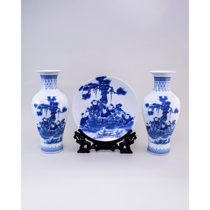 Blue & White Harmony Kids Vase & Decorative Plate – Set Of 3