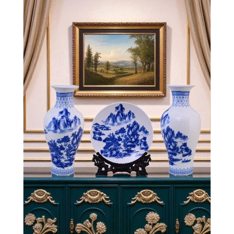 Blue & White Landscape Ceramic Vase & Decorative Plate – Set Of 3