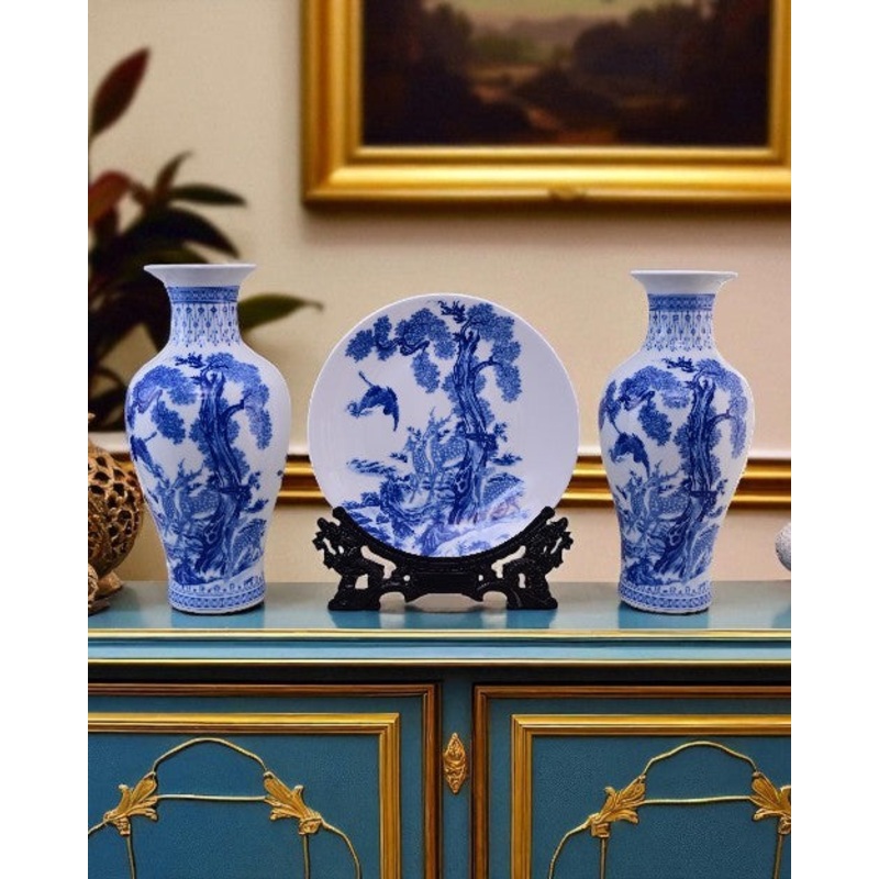 Blue & White Serenity Landscape Vase & Decorative Plate – Set Of 3
