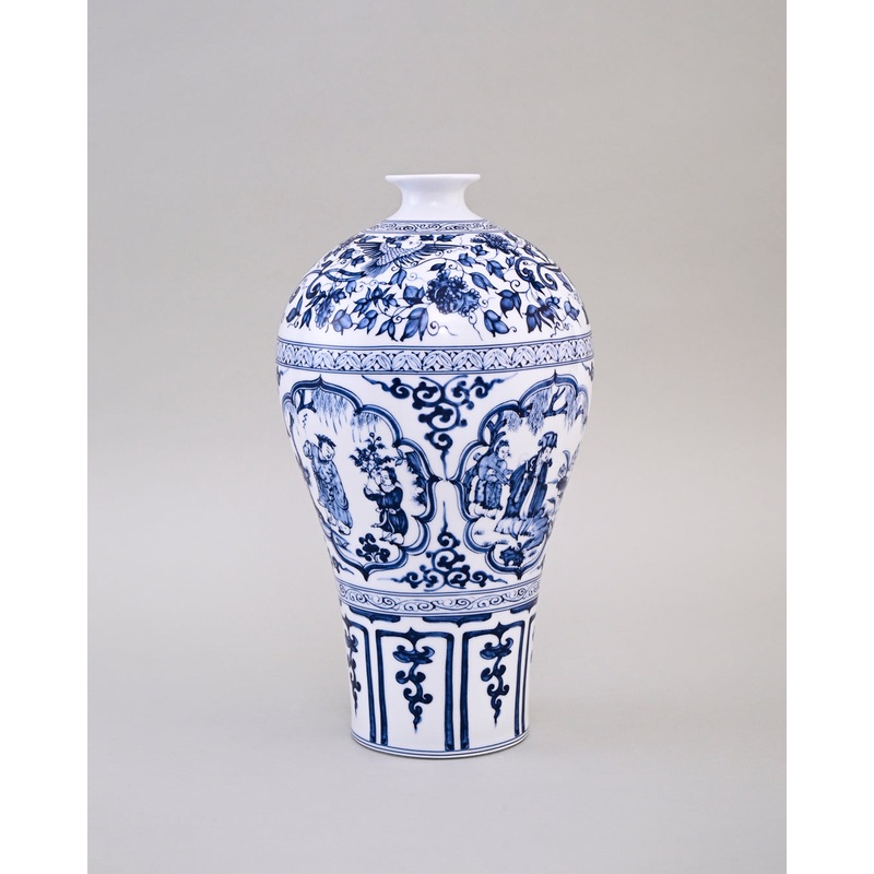 Courtly Scene Blue & White Porcelain Vase