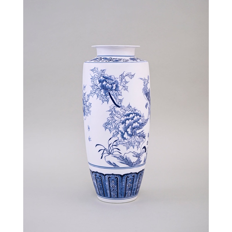 Elegant Blue & White Floral Bird Ceramic Vase