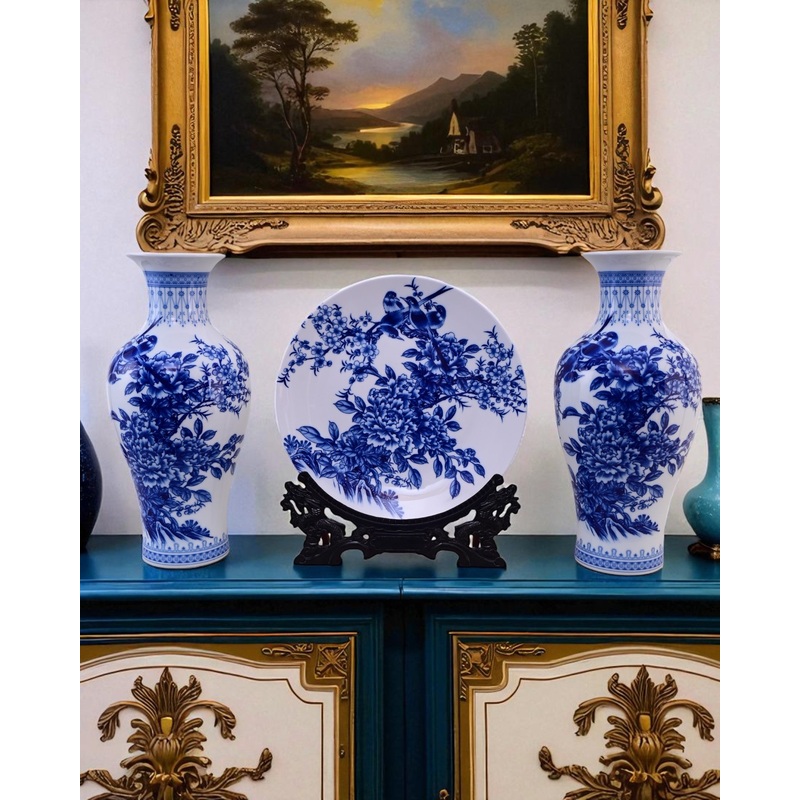 Floral Harmony Ceramic Vase & Decorative Plate – Set Of 3