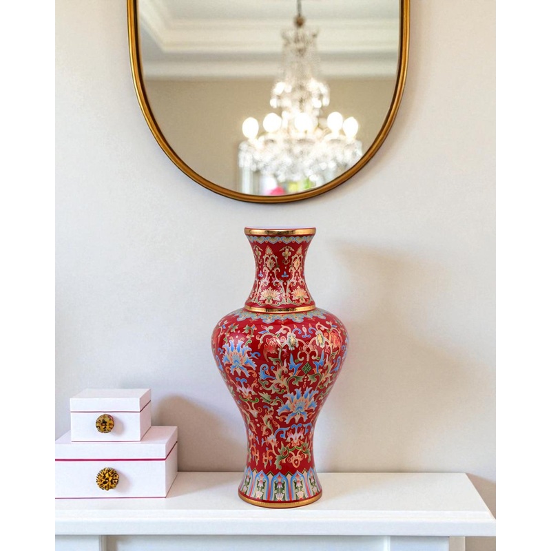 Majestic Enamel Cloisonne Flower Vase – Red