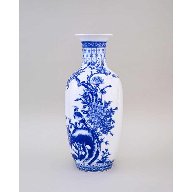 Majestic Peacock & Floral Blue & White Vase