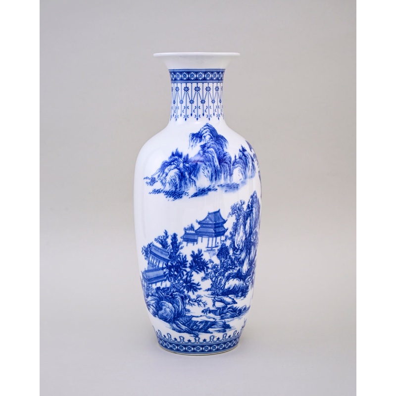 Oriental Blue & White Landscape Flower Vase