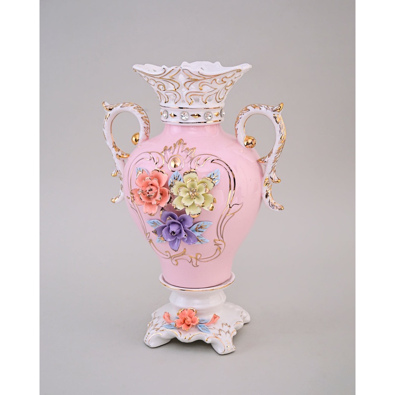 Vintage Floral Porcelain Vase with Handles – Pink