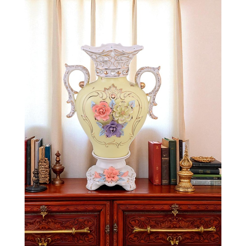 Vintage Floral Porcelain Vase with Handles – Yellow