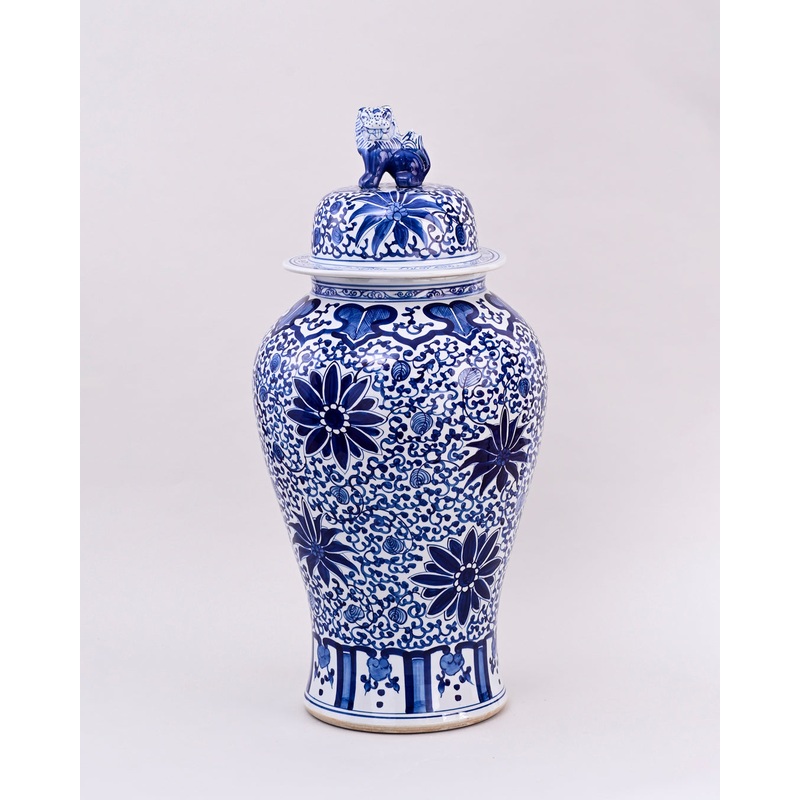 Blue Chrysanthemum Foo Dog Temple Jar