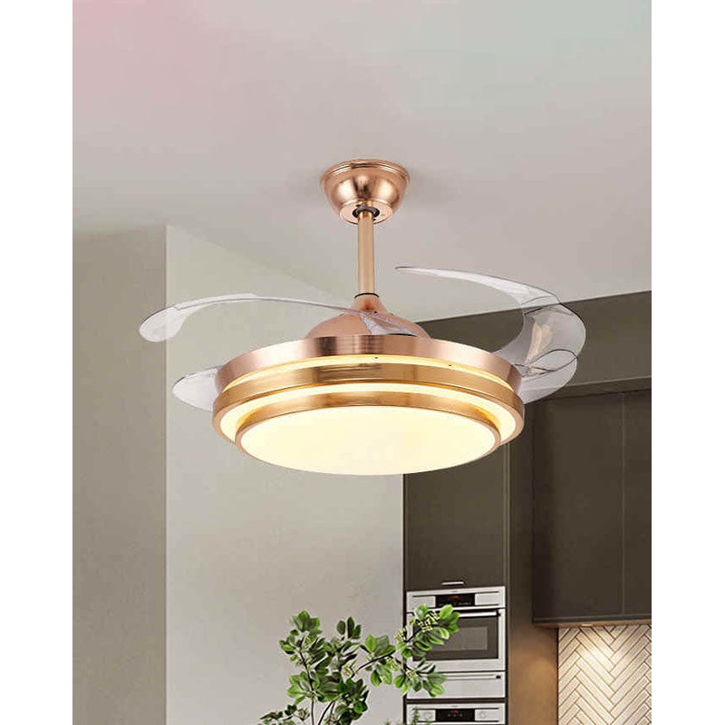 Designer Gold Retractable Ceiling Fan + Chandelier Light (with Remote Control)