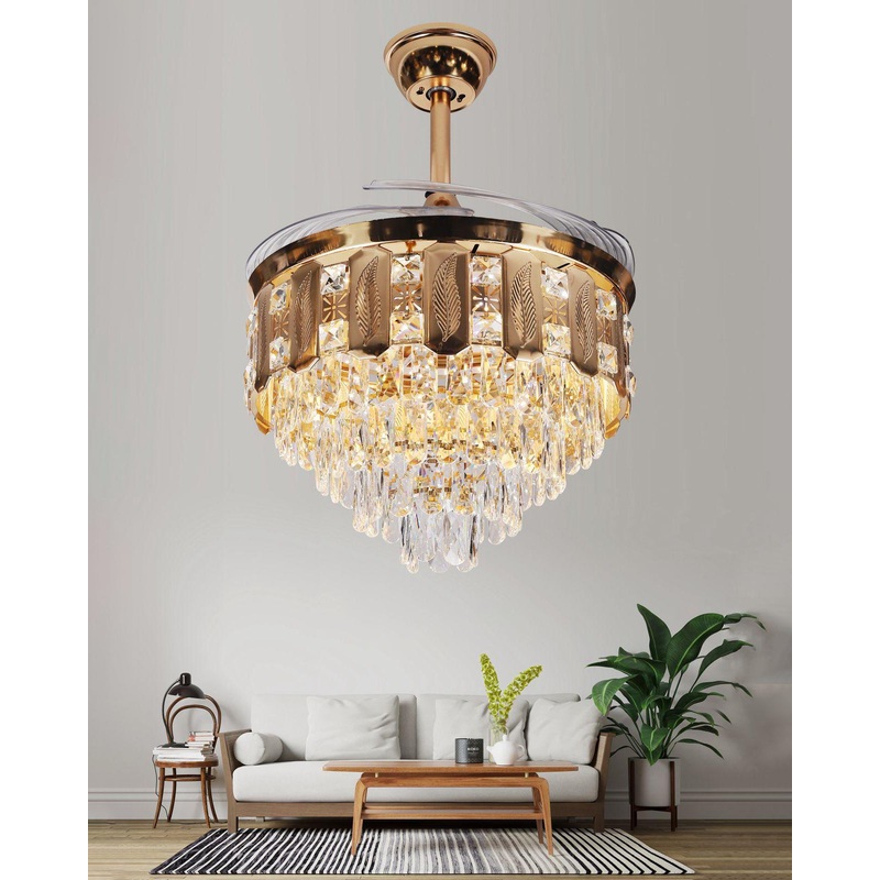 Gold Plated Retractable Ceiling Fan + Chandelier Light (with Remote Control)