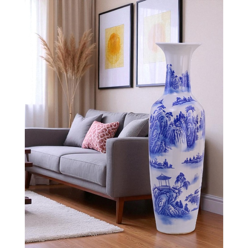 Serene Pavilion Blue & White Tall Floor Vase – 125 cm