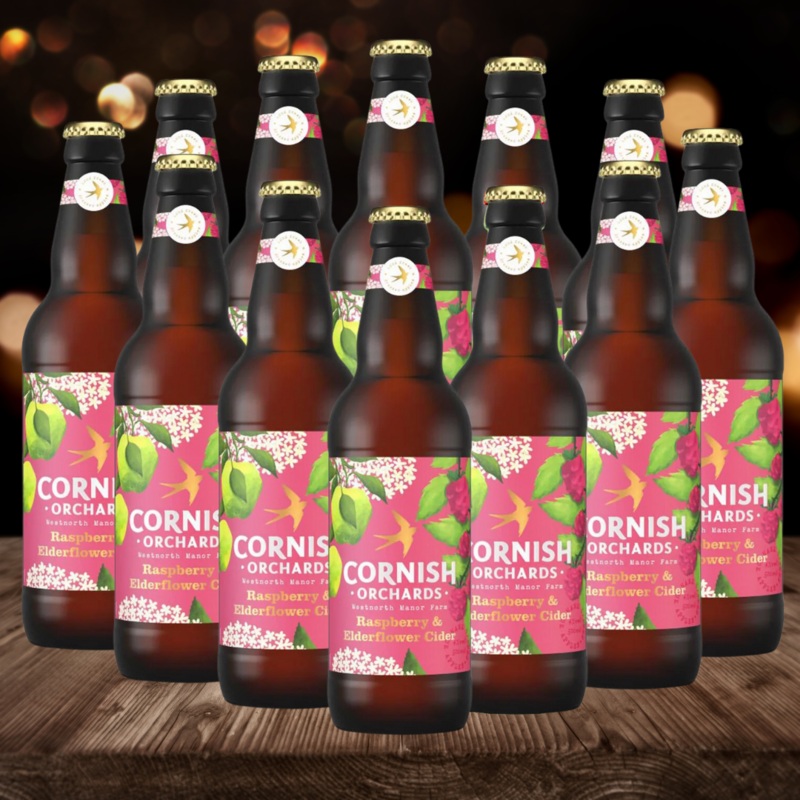 Cornish Orchards British Raspberry & Elderflower Cider 500ml Bottles – 4.00% ABV (12 Pack)