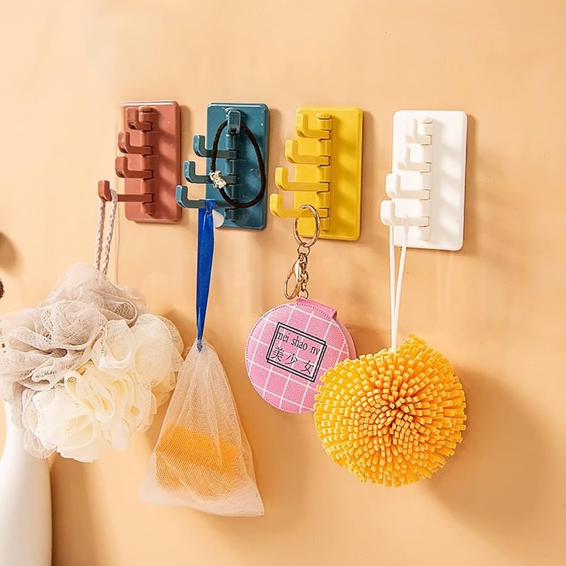 Rotatory Multi-Purpose 4-Hook with Adhesive Sticker  Kitchen & Home Use (Random color-Pack of 1)