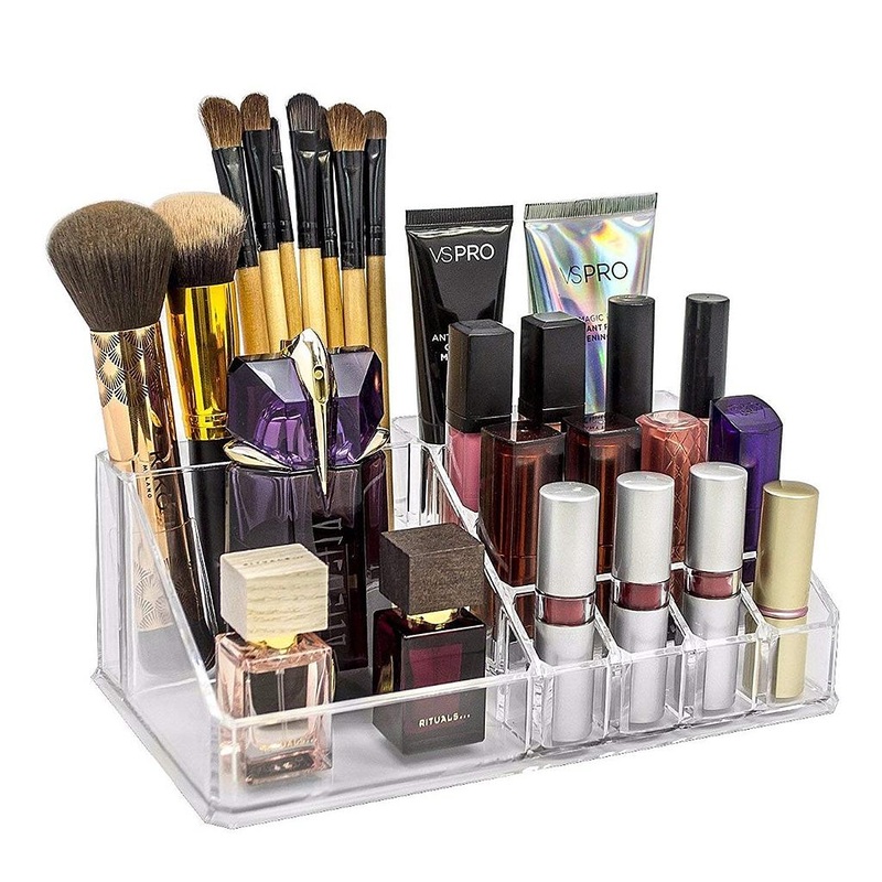 16 Cavity Cosmetic Organiser, Plastic Makeup Organizer, 16 Compartment Makeup Jewellery Lipstick Storage Box and Nail Paint Stand Transparent Holder ( Pack of 1 )