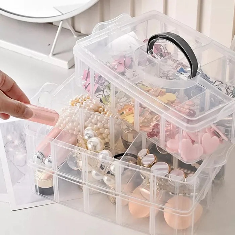 3 Layer  30 Grid Storage Box | Transparent Plastic Organizer with Adjustable Compartments for Jewelry, Earrings, Rings, Beads, Art & Craft Supplies (Random Color-Pack of 1)