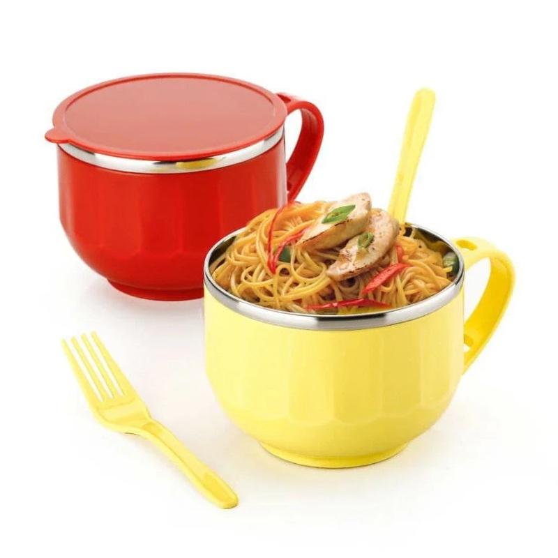 Stainless Steel Maggie & Soup Bowl  Noodle & Food Container with Airtight Lid, Handle, Spoon Holder, Spoon & Fork for Kitchen & Picnic(Random color-Pack of 1)