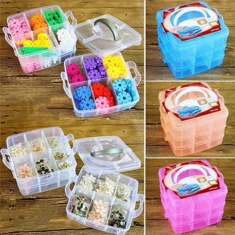 3 Layers 18 Grid Plastic Transparent Jewelry Storage Box Case Craft Boxes Square Portable Accessories Box for Earrings, Ring Small Stuffs Makeup Cosmetic Organizer, Storage Box Basket Container (Pack of 1)