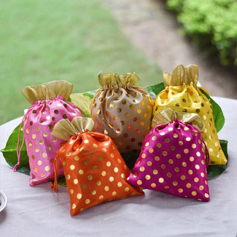 Polka Dot Small Potli Bags  3 Pc Gift Pouch Set for Wedding, Party Favors, Jewelry, and Gift Packaging (Random Color)