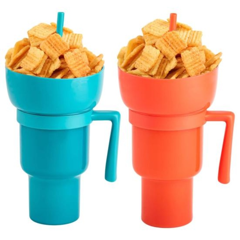 2-in-1 Snack Bowl & Drink Cup with Straw  Portable Stadium Tumbler for Snacks & Drinks, Travel & Home Use (Random color-Pack of 1)