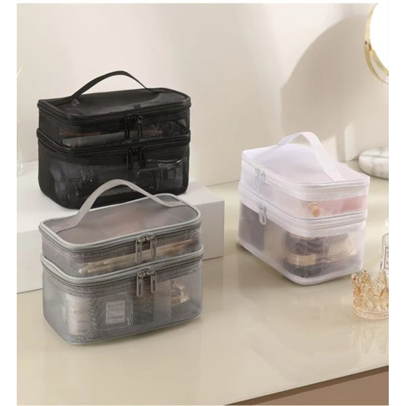 2 Layer Cosmectic Mesh Bag, Double Layer Cosmetic Bag, Easy Classification Large Capacity Mesh Cosmetic Bag with Sturdy Handle for Travel Black Double Layer