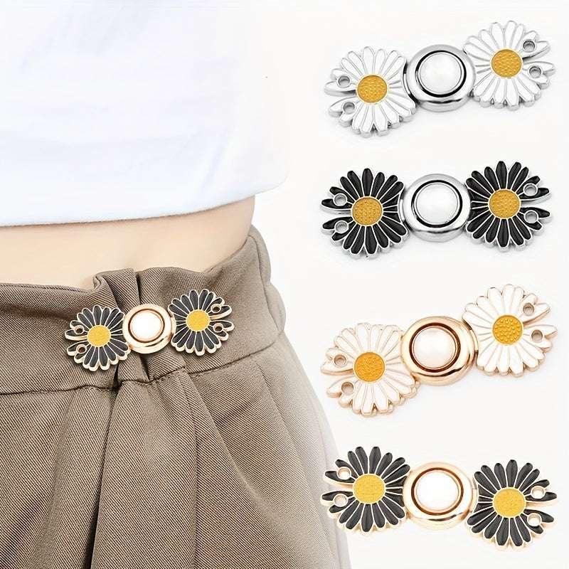 2 pairs Jeans Dress Buttons, DIY Pants Clip Waist Tightener Buttons, DIY Sewing Adjustable Waist Buckle Fashion Faux Pearl Flower Adjustable Buckle Clothing Accessories