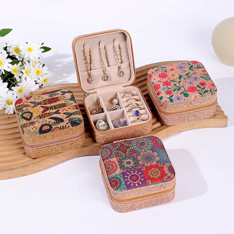Vintage Small Jewellery Case Box Organizer  Portable Square Cork Jewelry Box for Rings, Necklaces & Earrings, Multifunctional Storage for Women, Mothers & Girls (Pack of 1)