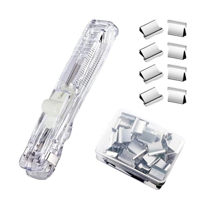 MiniGrip Transparent Stapler Set  Hand Press Tagging Tool with Reusable Metal Clips (40 PCS)