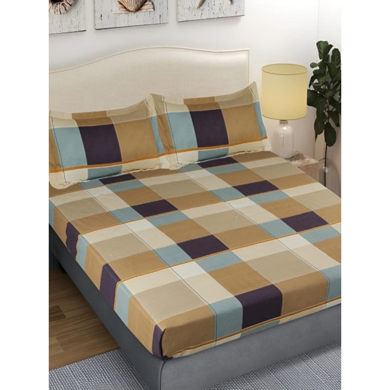 Modern Multi-Color Checkered Bedsheet Set  Soft Cotton Feel with Pillow Covers  Double Bed Size