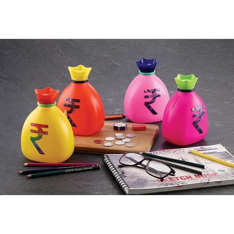 Plastic Money Saving Bank for Kids  Coin Bank in Rupee Bag Shape (Random Color)