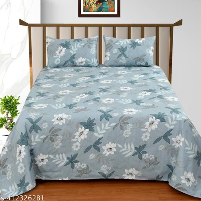 Premium Floral Printed Bedsheet Set  Soft Cotton Feel with 2 Pillow Covers  Elegant Pastel Blue Design