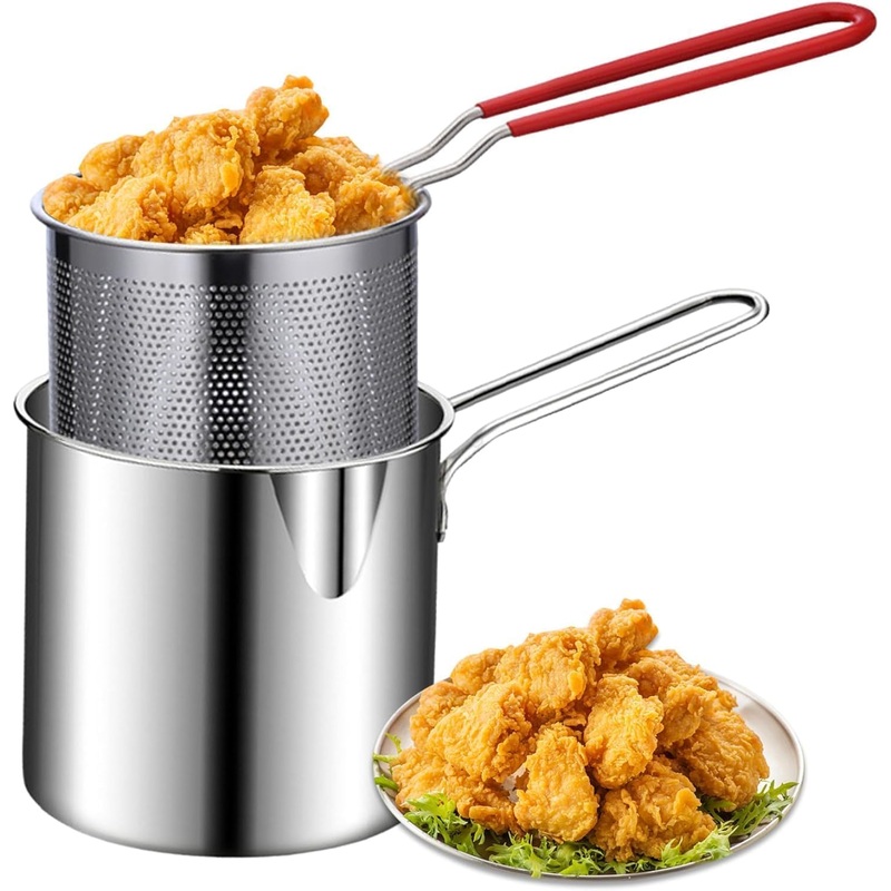 Small Deep Frying Pot with Strainer Basket  2 Pc Set, Non-Stick & Portable Fryer for Home Cooking