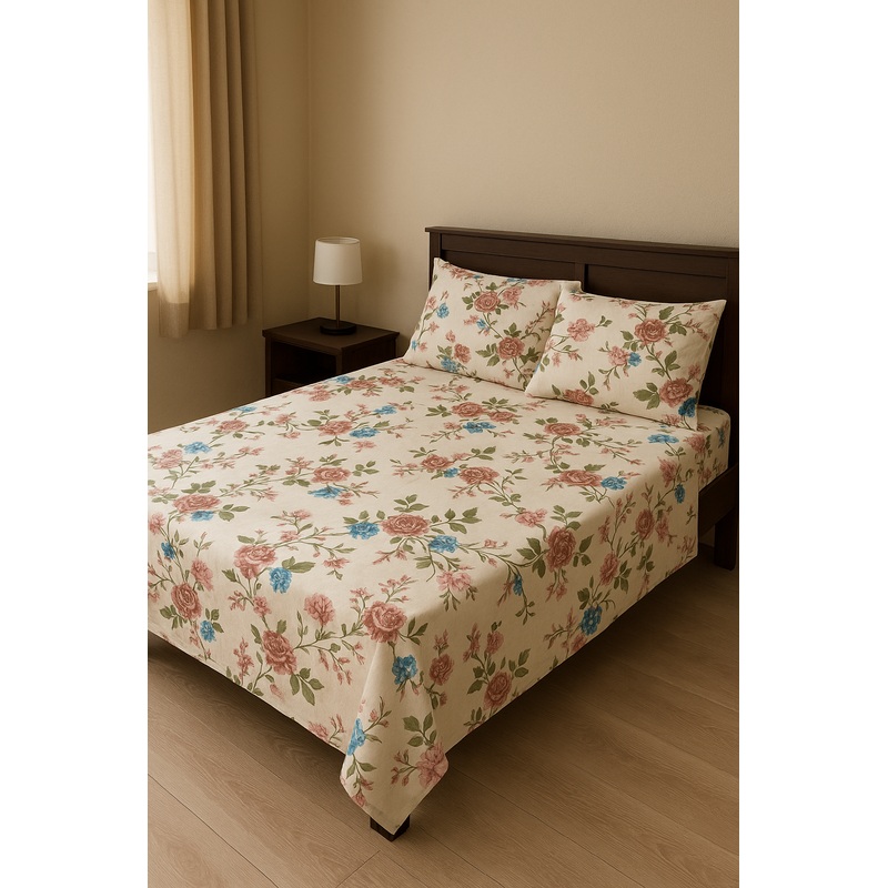 Spring Bloom Bedsheet Set  Premium Floral Print with Green Leaves & Colorful Flowers  With Pillow Covers