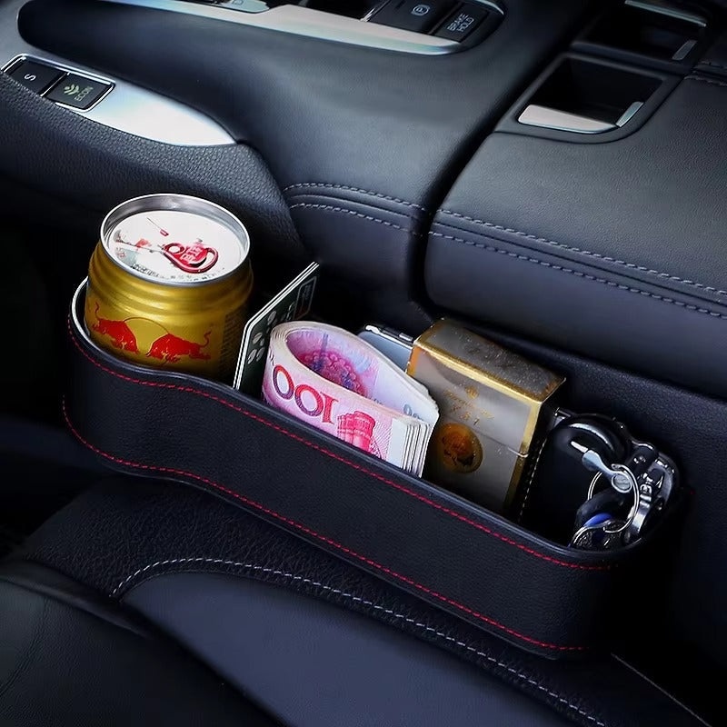 Multifunction Car Seat Organizer  Gap Filler Storage Box with Red Stitching