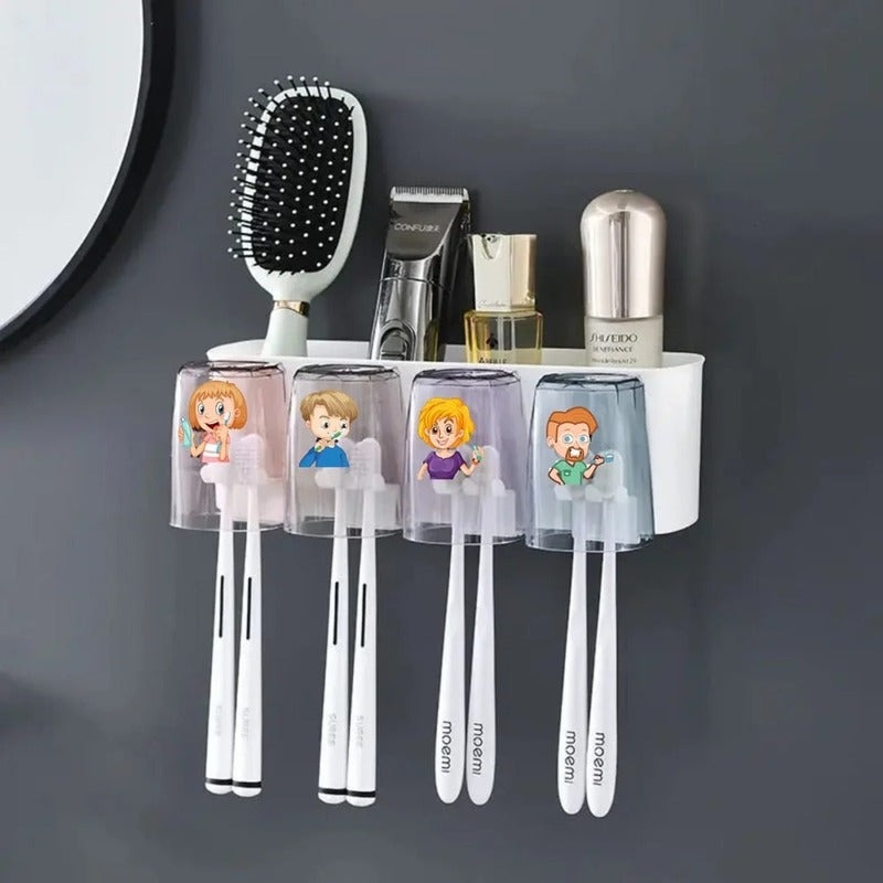 Wall-Mounted Plastic Bathroom Organizer  8 Toothbrush Holders with 4 Cartoon Cups & Storage Rack, White Bathroom Shelf for Kids & Family