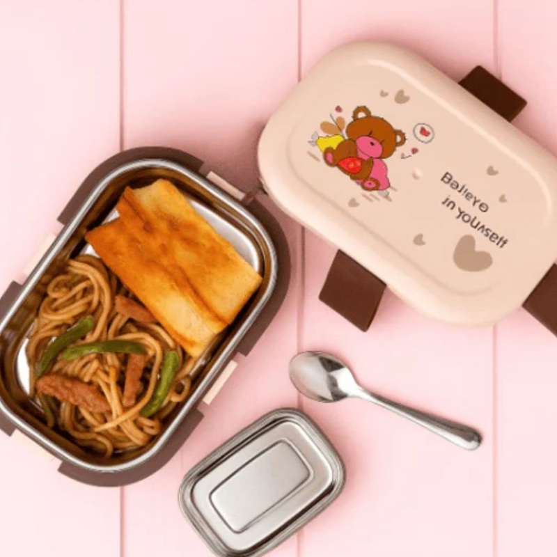 1-Compartment Bento Lunch Box with Spoon  Leakproof Stainless Steel (Random Design-Pack of 1)