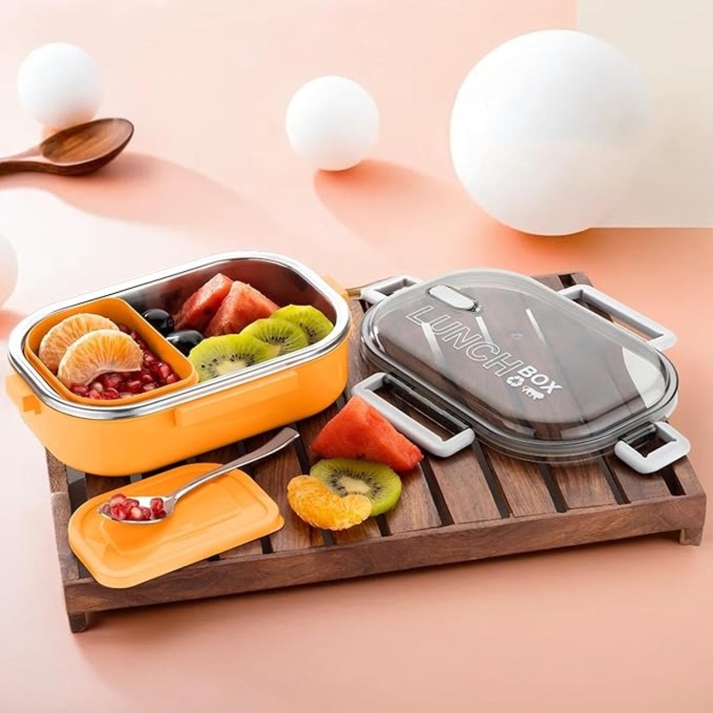 Stainless Steel Lunch Box with Spoon  Break Time Food Container for School, Office & Travel (Random color-Pack of 1)