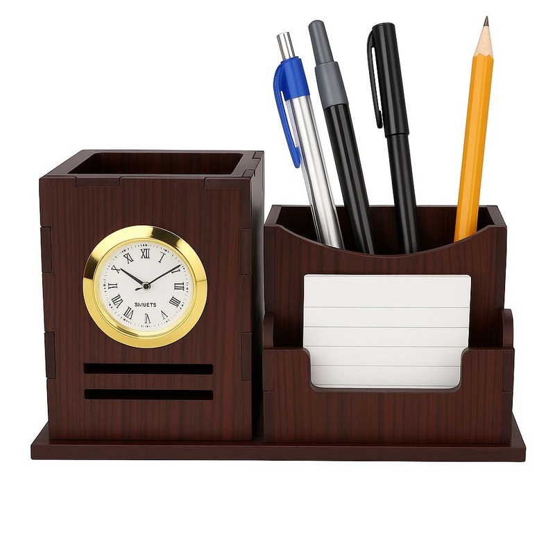Wooden MDF Desktop Pen Stand with Clock & Card Holder  Office & Home Table Organizer (Pack of 1)