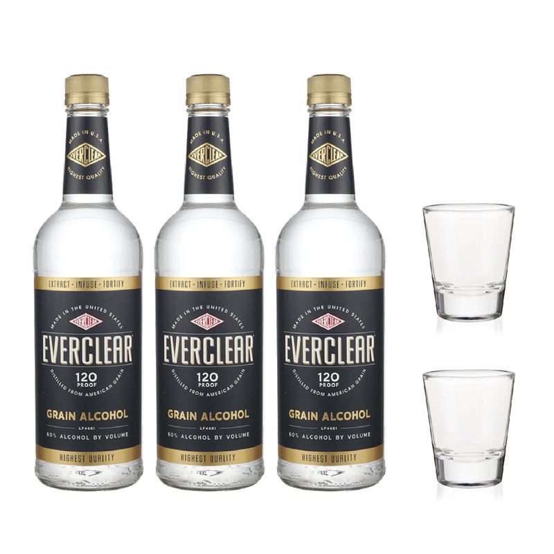 3 Everclear Grain Alcohol 120 Proof and 2 Clear Shot Glass – Package