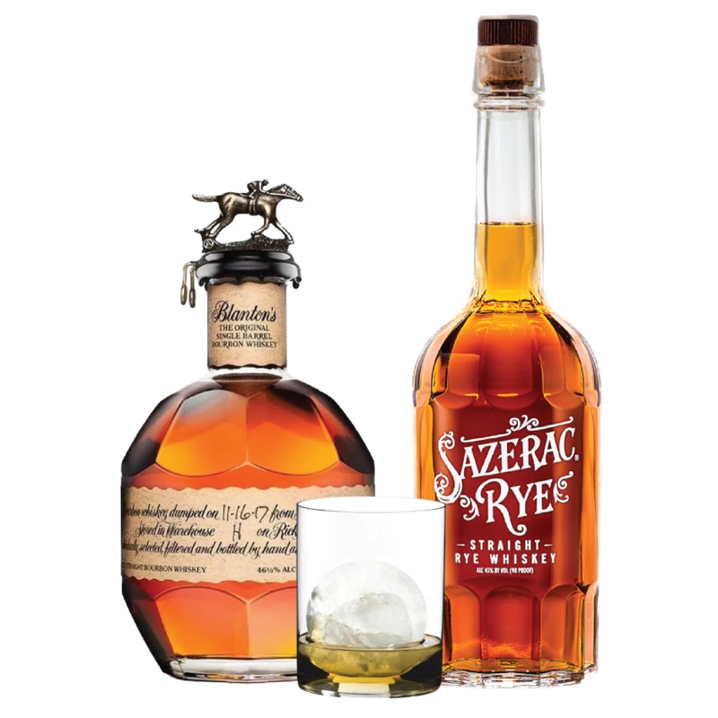 Blanton’s Single Barrel Bourbon, Sazerac Rye Whiskey, Clear Whisky Tumbler Package