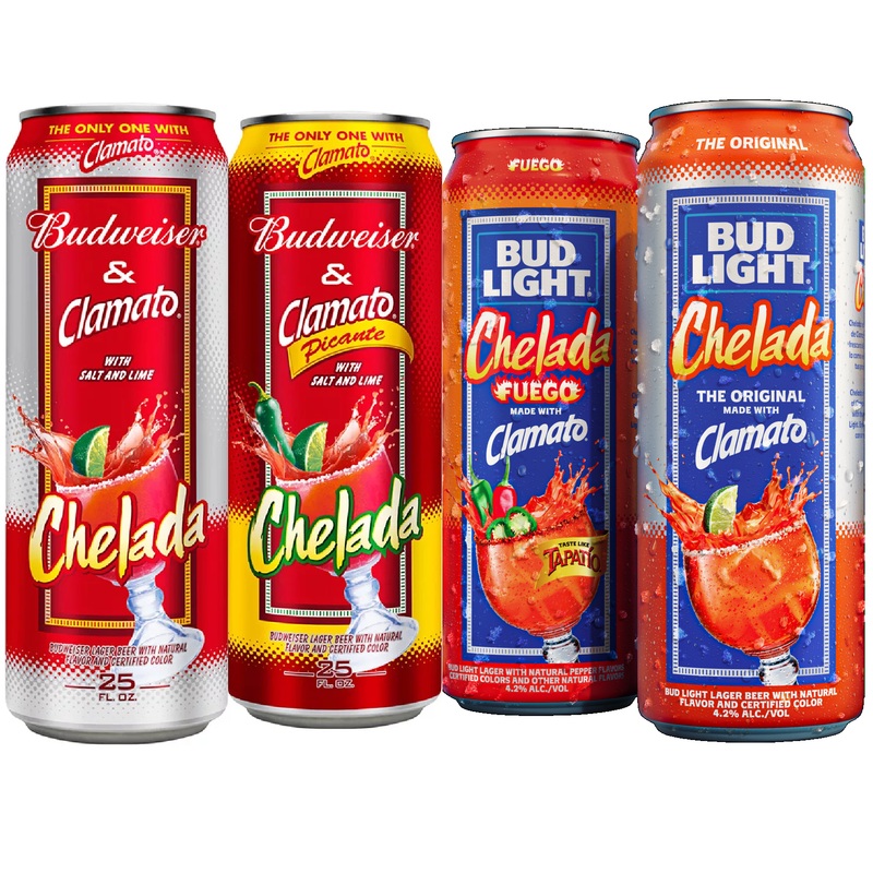 Bud Cheladas|Bud Chelada Original|Bud Chelada Picante|Bud Light Chelada|Bud Light Chelada Fuego|Bud Light Chelada Limon Y Chile|Tajin|Clamato|25oz can