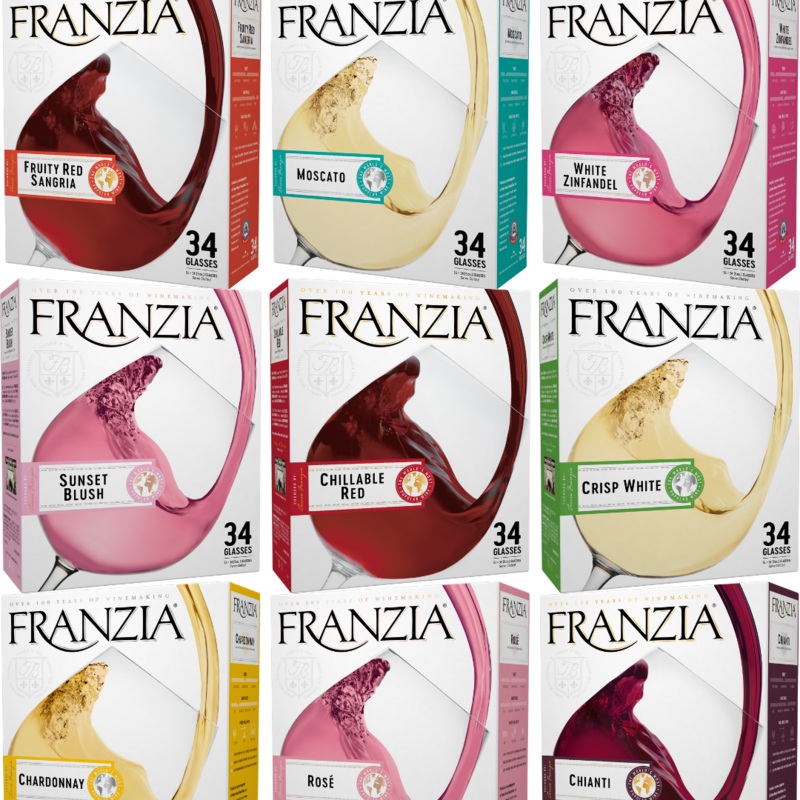 Franzia Boxed Wine|Cabernet Sauvignon|Chardonnay|Chillable Red|Crisp White|Fruity Red Sangria|Merlot|Moscato|Pink Moscato|Pinot Grigio|Sunset Blush|White Zinfandel|5L